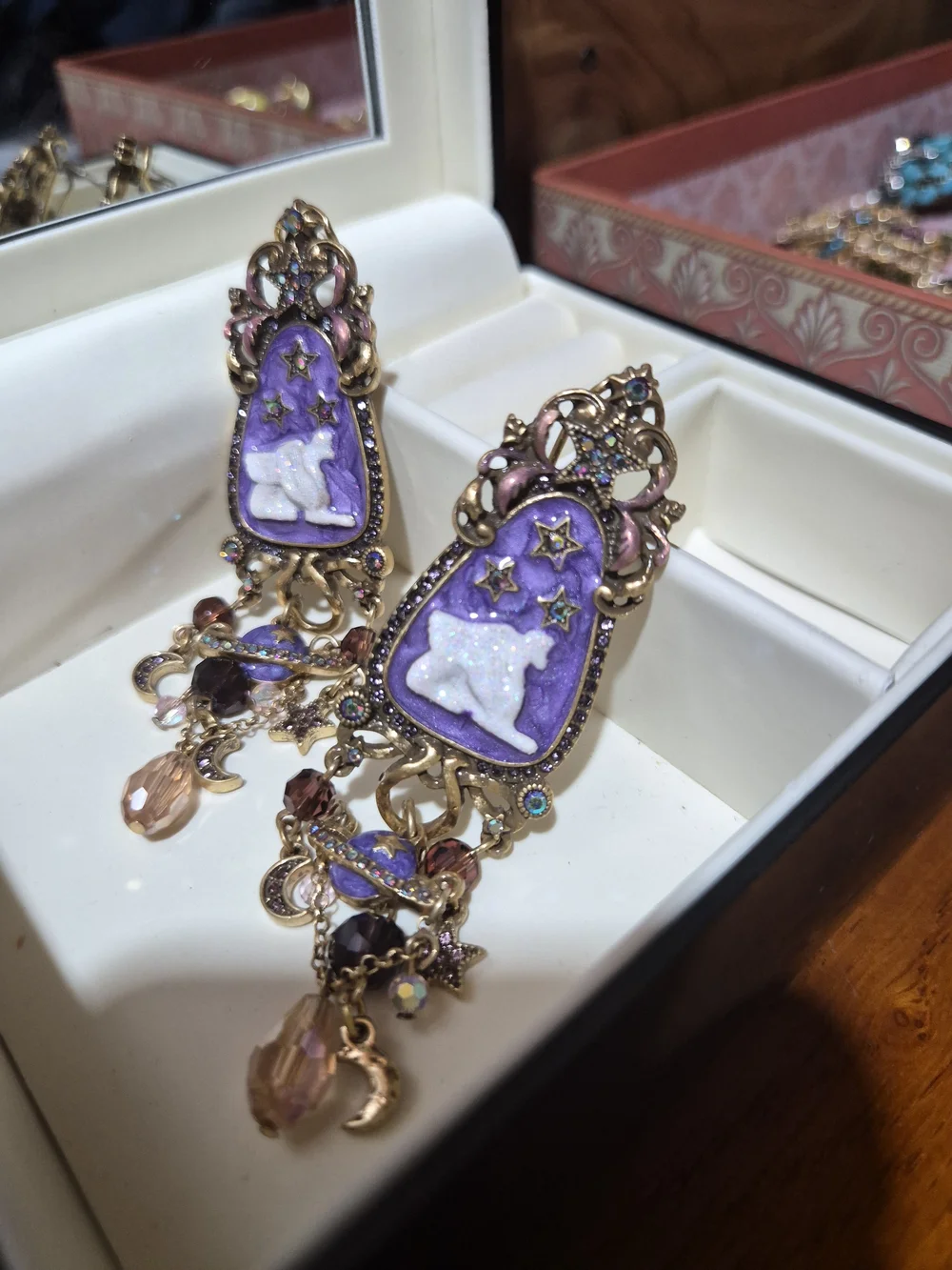 Purple Celestial Goat Drop Earrings with Gold Accents
